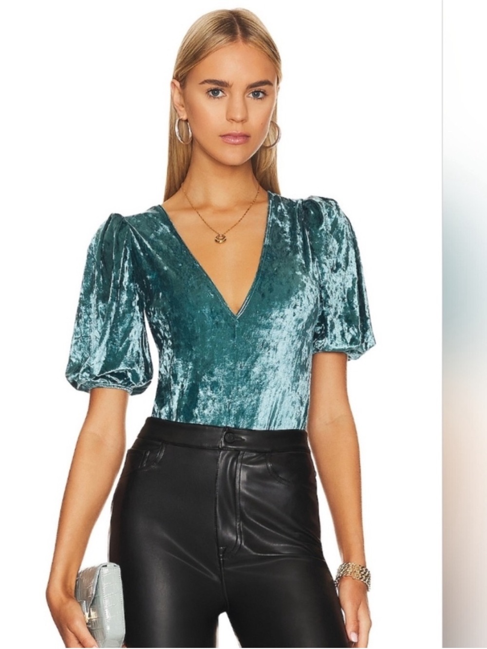 Free People  Velvet V-Neck Puff Sleeve NWT size L
